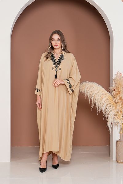 EMY TEKSTİL Women's Embroidered Plus Size Viscose Long Dress Beige Abaya Testtur