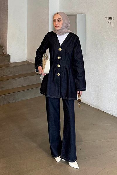 lamelif Gold Button Denim Jacket Suit Dark Blue