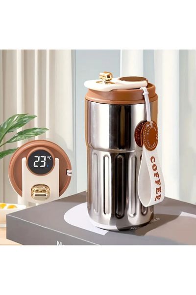 zola Cana termica LED, 460 ml, inox, pereti dubli, inchidere etansa, 16x7 cm, argintiu/maro