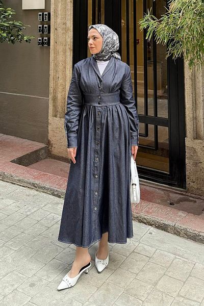 lamelif Μπροστινό ραμμένο φόρεμα Hijab Τζιν Μπλε