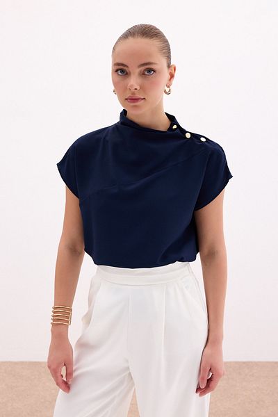 Sateen One Shoulder Snap Blouse - Navy Blue