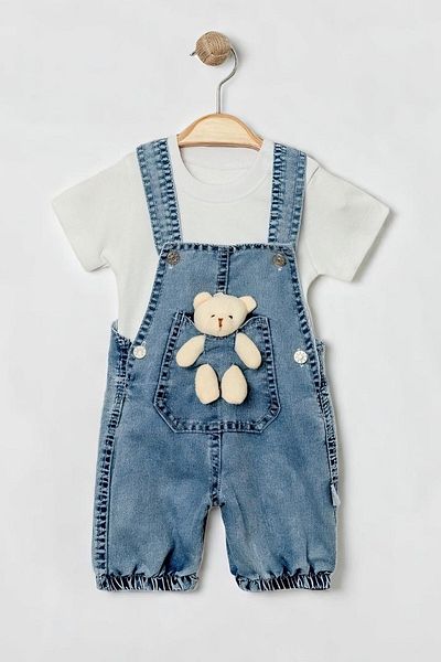minuma Baby Boy Teddy Bear Denim Salopet Jumpsuit 6/18 Months