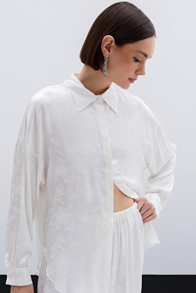 Sateen Jakarlı Saten Gömlek - Ekru