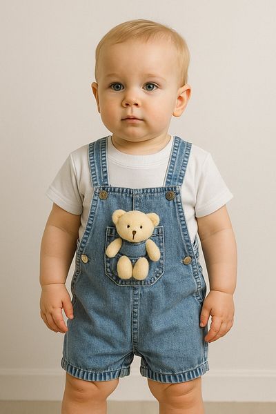 minuma Baby Boy Teddy Bear Denim Salopet Jumpsuit 6/18 Months