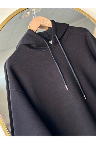 MİHRA STORE Μπλούζα Banu Yandan με οβάλ τσέπες oversized με κουκούλα και τρεις κορδόνια Sweat-ZN1644 Μαύρο