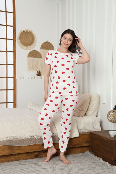 LİLA İÇ GİYİM Milan Heart Pattern Short Sleeve White Pajama Set