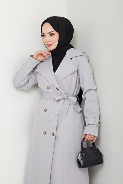 HARMAN BUTİK Kadın Düğmeli Kuşaklı Gri Trençkot