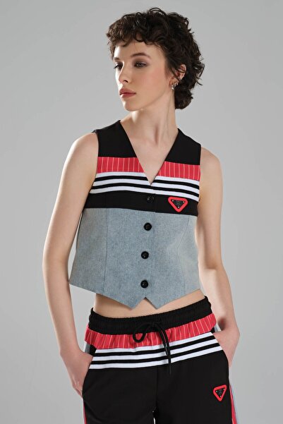 tw3 Women's Stripe Detailed and Denim Garnished Design Slim Fit Vest