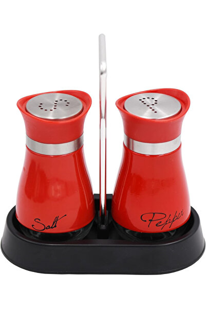 ABYZ Set of 2 Salt and Pepper Shakers with Stainless Steel Stand Red Practical Modern Kitchen Accessories