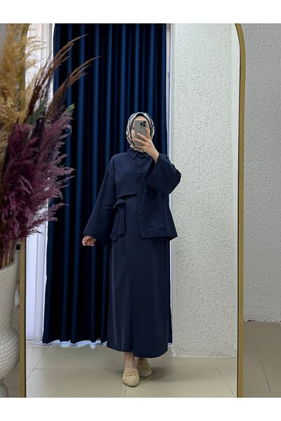 MİHRA STORE Serista Skirt Side Tie Linen Suit-Ek262 Navy Blue