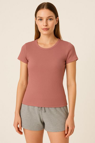 HNX Women's Ribbed Short Sleeve Cotton T-Shirt