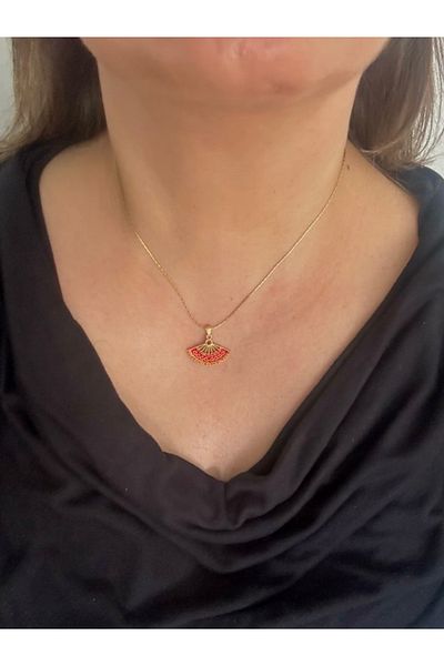 ALS Tasarım Dünyası Women's Gold Color Chain with Red Color Zircon Stone Fan Model Steel Necklace