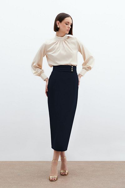 Sateen Button Detailed Midi Skirt - Navy Blue