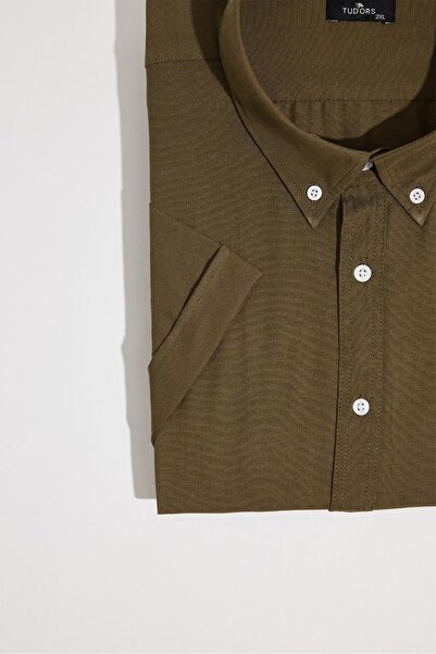 Tudors Men's Plus Size Short Sleeve Lapel Button Cotton Pocket Solid Khaki Shirt