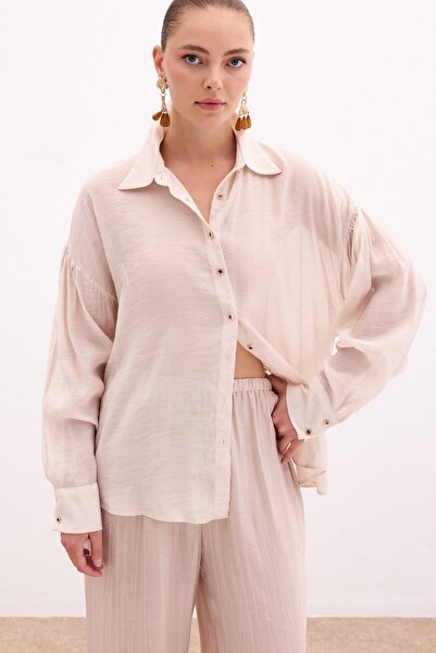 Sateen Düğme Aksesuarlı İnce Gömlek - Taş