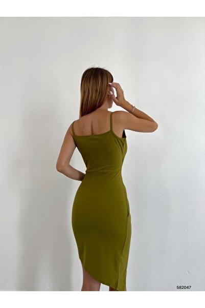 Modafeminen Ασύμμετρη κοπή με διπλό γιακά Μίνι λουράκι Scuba Crepe Φόρεμα Φιστίκι Πράσινο 582047