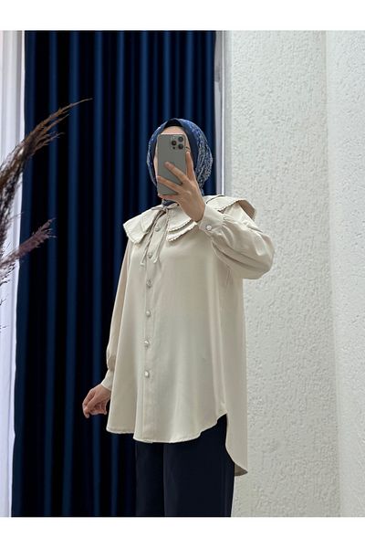 MİHRA STORE Vinasya Baby Collar Lace Shirt-El1734 Stone