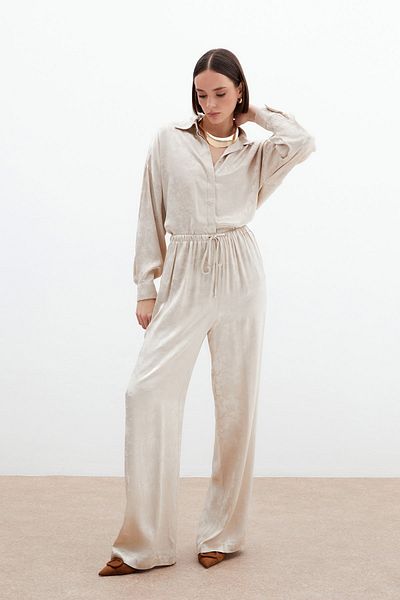Sateen Jacquard Satin Trousers - Beige