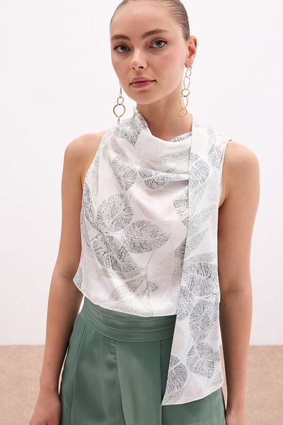 Sateen Patterned Blouse with Scarf - Khaki