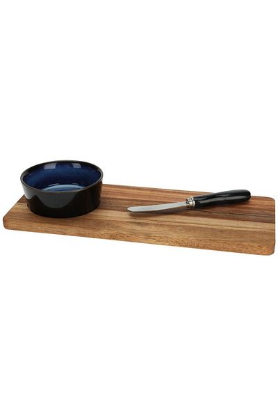 Excellent Houseware Cholet serving set, wooden platter 300 x 120 cm, knife, ceramic bowl 9 x 3.3 cm