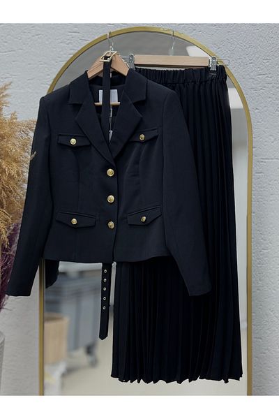 MİHRA STORE Zişan Jacket Skirt Pleated Crepe Suit-Ün2019 Black
