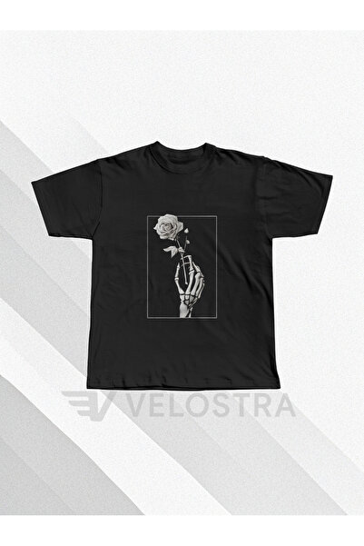 Velostra Tricou unisex cu schelet care ține o trandafiră b cu imprimeu P bumb...