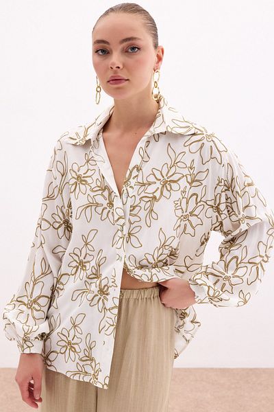 Sateen Floral Embroidered Viscose Shirt - Khaki