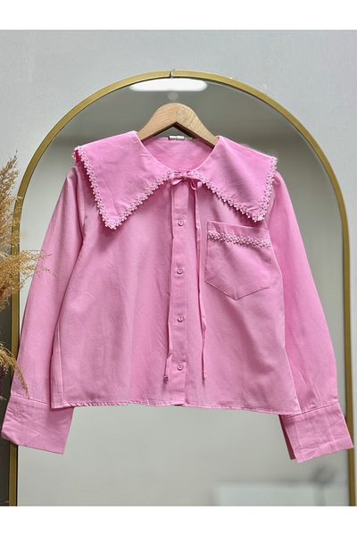 MİHRA STORE Dilara Wide Collar Scallop Detailed Shirt-Eu2774 Pink
