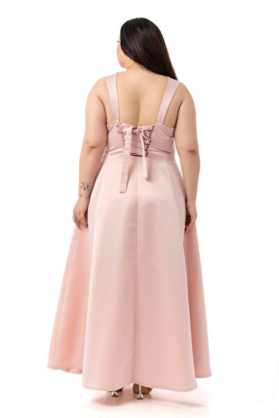 DISENTIS MODEST Plus Size Backless Short Cape Evening Dress Powder Dress