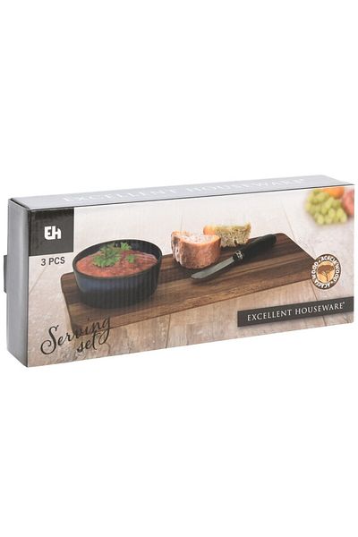 Excellent Houseware Cholet serving set, wooden platter 300 x 120 cm, knife, ceramic bowl 9 x 3.3 cm