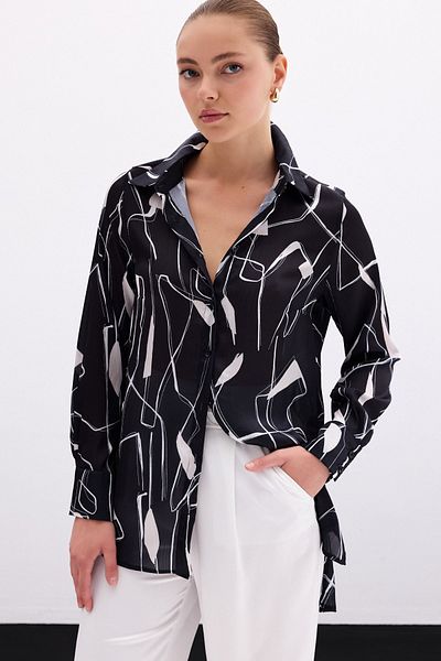 Sateen Slit Detailed Shirt - Black