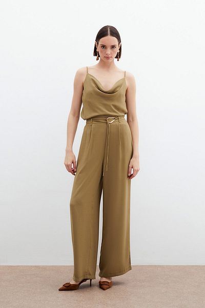 Sateen Belted Casual Trousers - Khaki