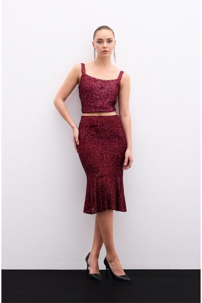 Sateen Спідниця з воланами та паєтками - бордова