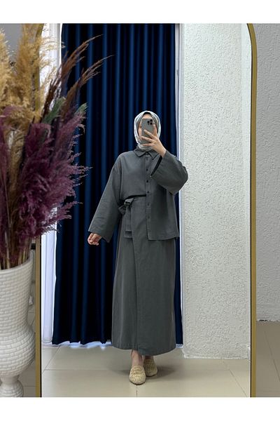 MİHRA STORE Serista Skirt Side Tie Linen Suit-Ek262 Gray