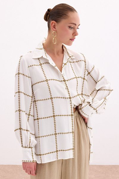 Sateen Embroidery Detailed Viscose Shirt - Khaki