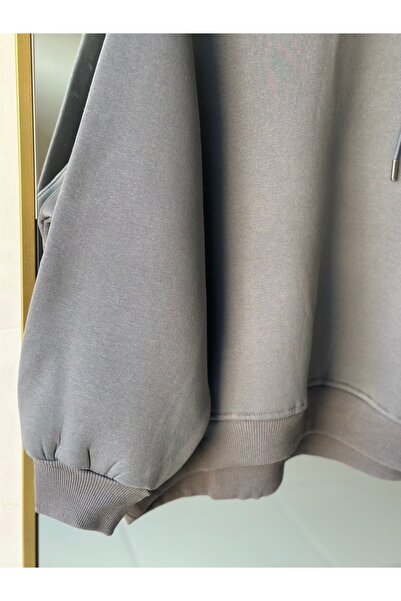 MİHRA STORE Μπλούζα Banu Yandan με οβάλ τσέπες oversized με κουκούλα και τρεις κορδόνια Sweat-ZN1644 Anthracite