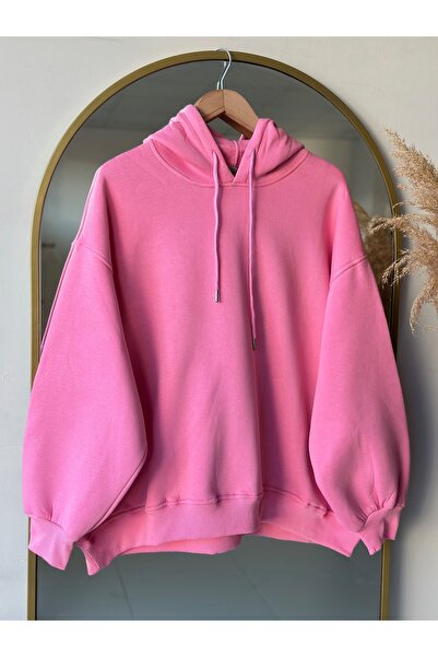 MİHRA STORE Banu Side Овална джоб Оверсайз качулка Трикотажна блуза с три връзки - ZN1644 Розово