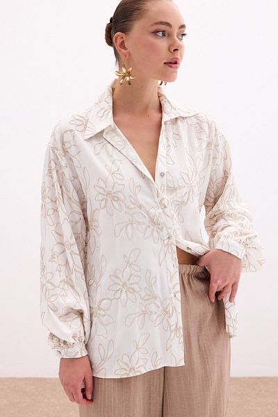 Sateen Floral Embroidered Viscose Shirt - Beige