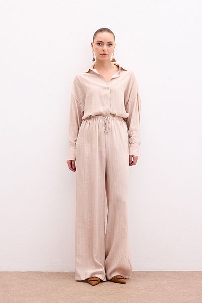 Sateen Elastic Waist Trousers - Beige