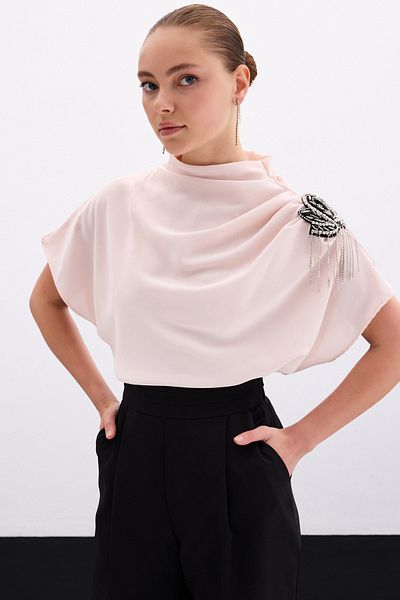 Sateen Casual Blouse with One Shoulder Accessory - Powder