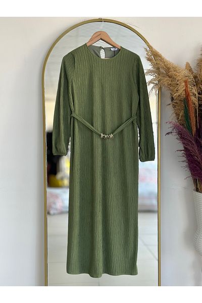 MİHRA STORE Kevser Wrinkled Fabric Dress-Bn4338 Green