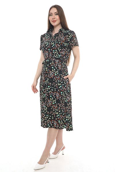 etselements Rochie cu guler floral, nasturi, curea, buzunar 405