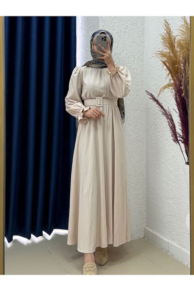 MİHRA STORE Zenora Elastic Waist Nada Mevlana Dress-Kb7475 Stone
