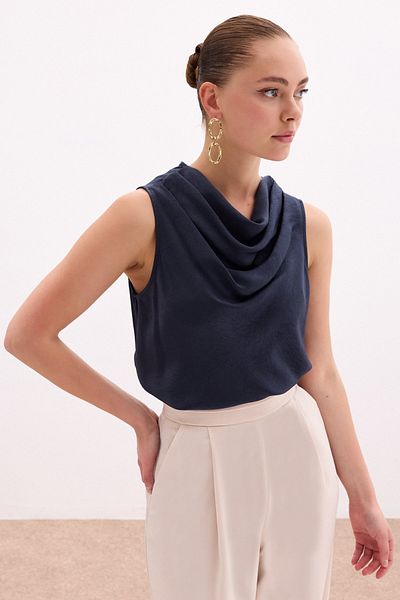Sateen Degaje Collar Satin Blouse - Navy Blue
