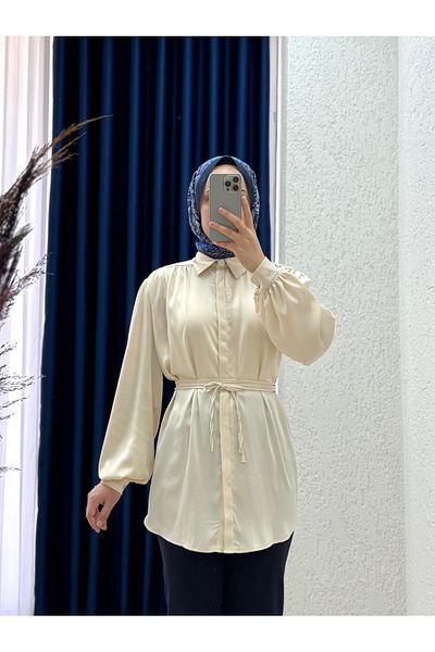 MİHRA STORE Dina Shoulder and Sleeve Gathered Satin Shirt-Ek-Z-37-2 Stone