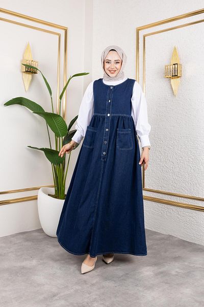HARMAN BUTİK Γυναικείο τζιν με κουμπιά μέσης Navy Blue Gilet