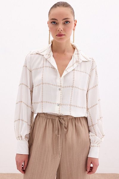 Sateen Embroidery Detailed Viscose Shirt - Beige
