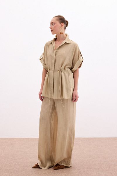 Sateen Waist Drawstring Detailed Shirt - Khaki