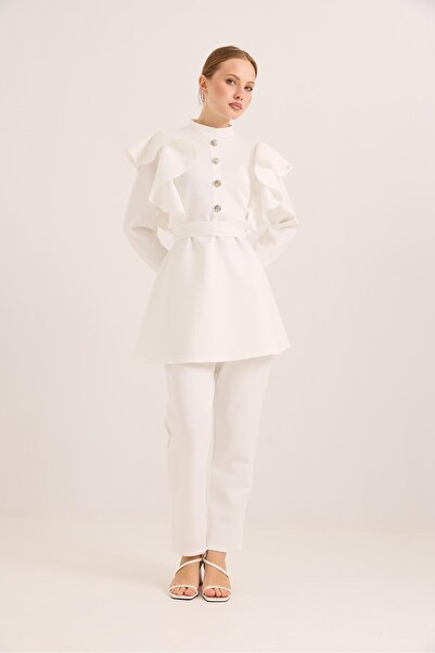Raneel Kazançlı Alışveriş Button Detailed Stand Collar Ruffled Shoulder Scuba...
