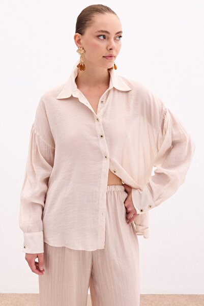 Sateen Düğme Aksesuarlı İnce Gömlek - Taş